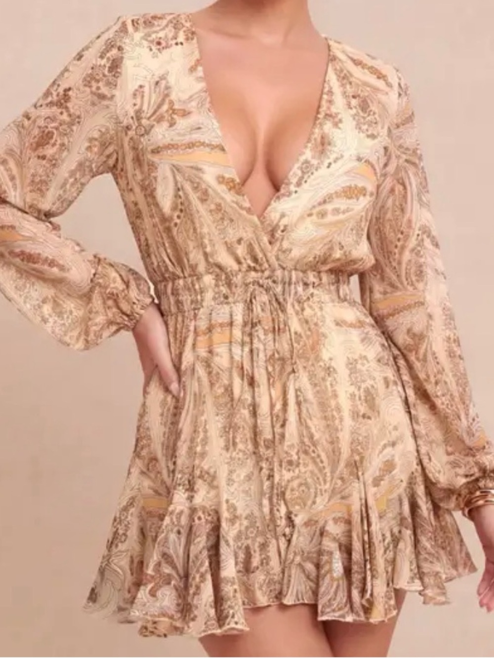 Luxxel Cream & Brown Paisley Long Sleeve Romper